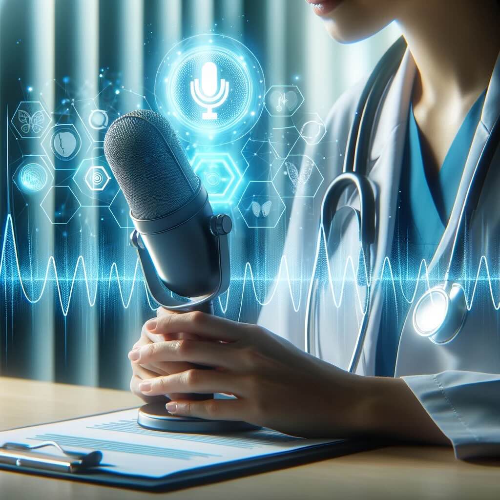 doctor speaking to a microphone to transcribe medical notes